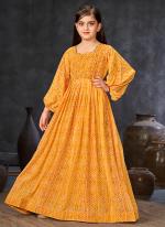 Georgette Mustard Traditional Wear Printed Kids Gown